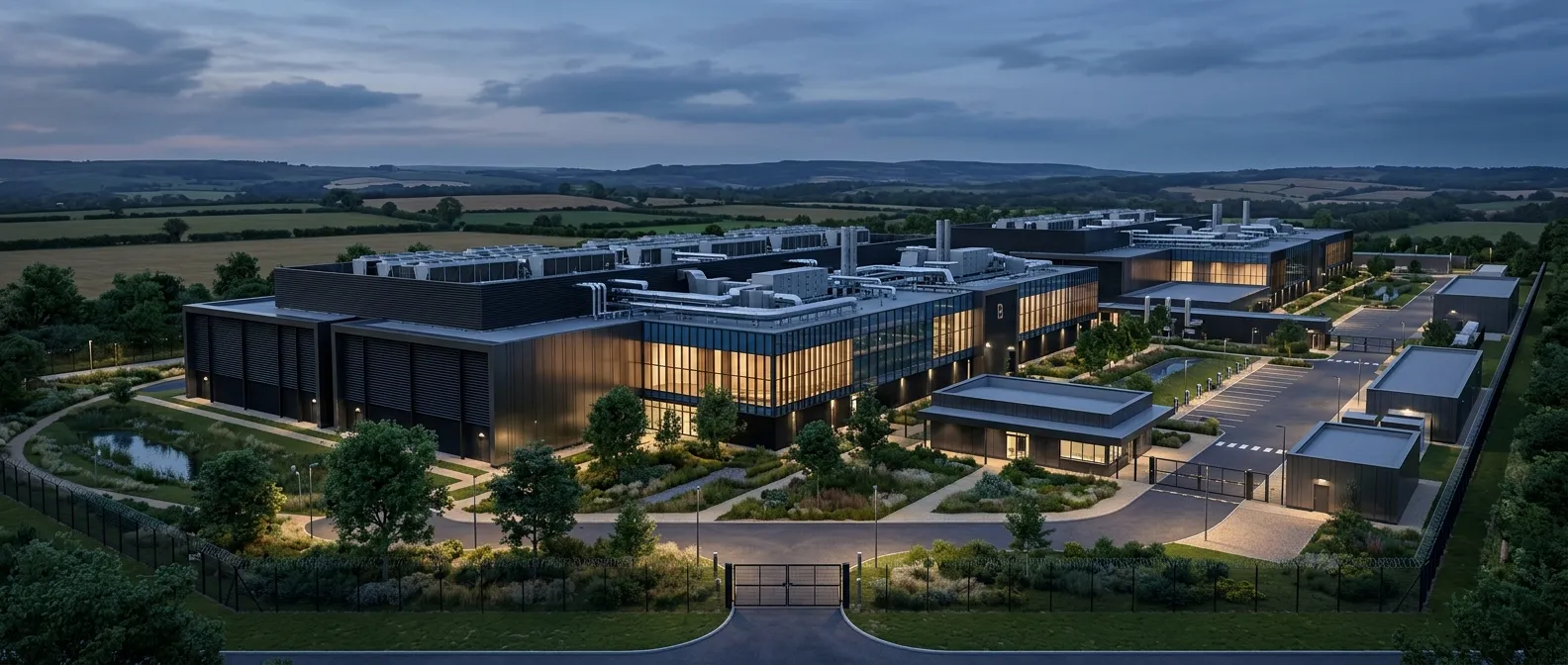 Fotorealistisches Rechenzentrum CGI mit betriebskritischem Areal und technischer Gebäudehülle