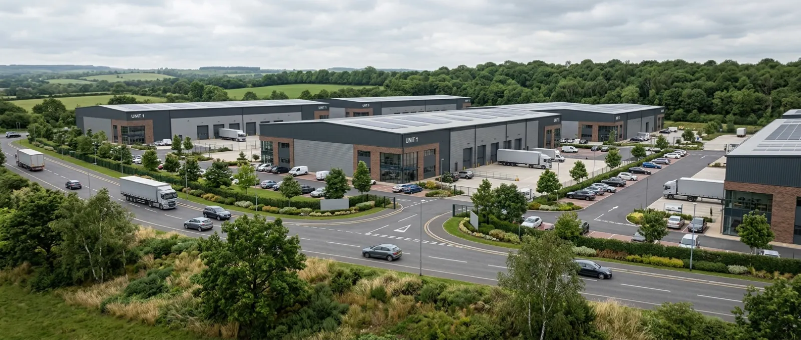 Fotorealistisches Industriepark Visualisierung mit mehreren Gewerbeeinheiten und Logistikflächen