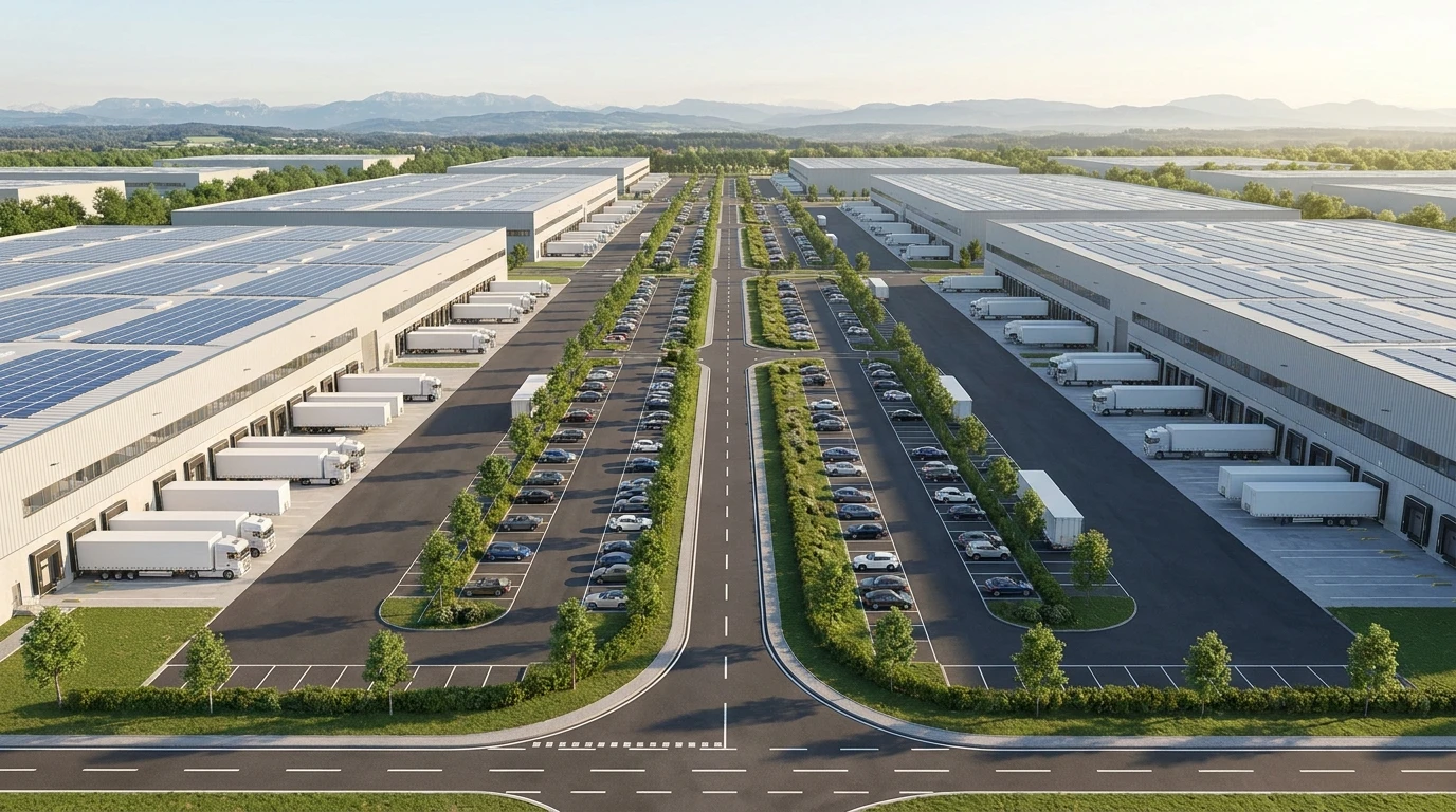 Luftbildvisualisierung Industrie eines Gewerbeparks bei München mit Logistikhallen und Alpenhintergrund