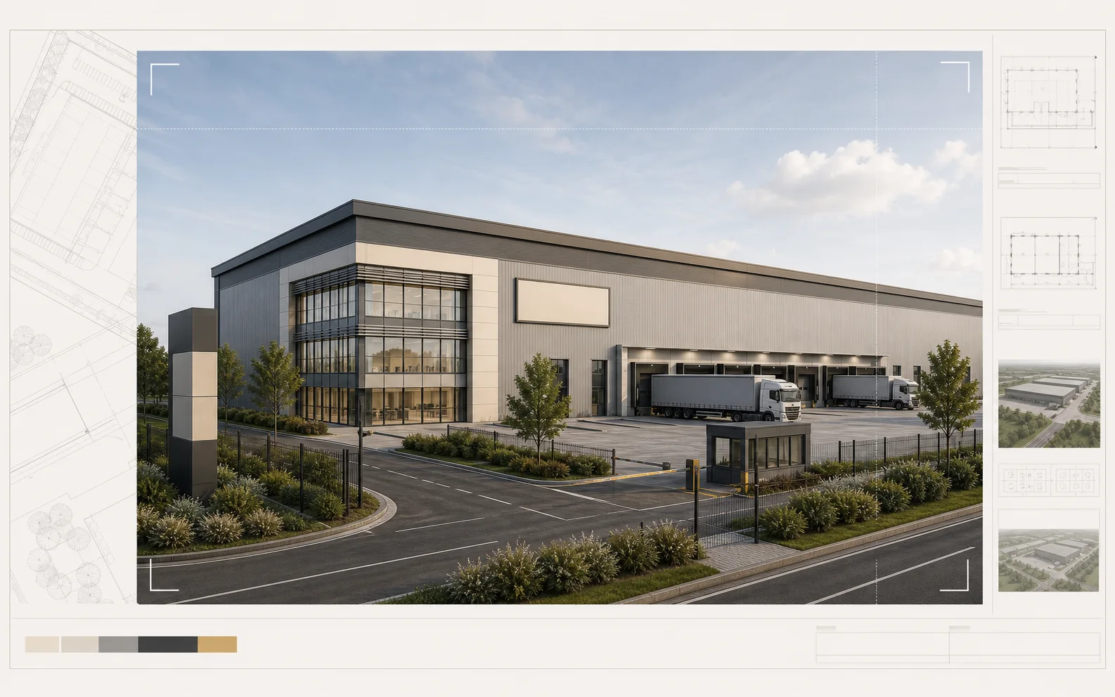 Planungs- und Genehmigungspaket fuer Industrieimmobilien mit CGI, Pressebild und Expose-Format
