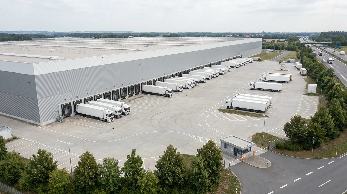 Luftbild Visualisierung eines deutschen Distributionszentrums mit Rampenlinie, Lkw-Hof, Pforte und Trailer-Stellplätzen