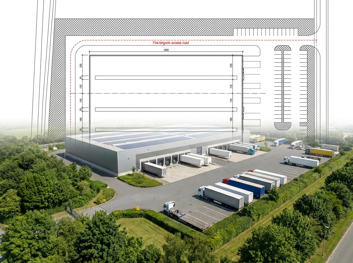 Lageplan und Luftbild des Planungspakets eines Distributionszentrums mit Bebauungsplan, Hoftiefe und Feuerwehrumfahrt