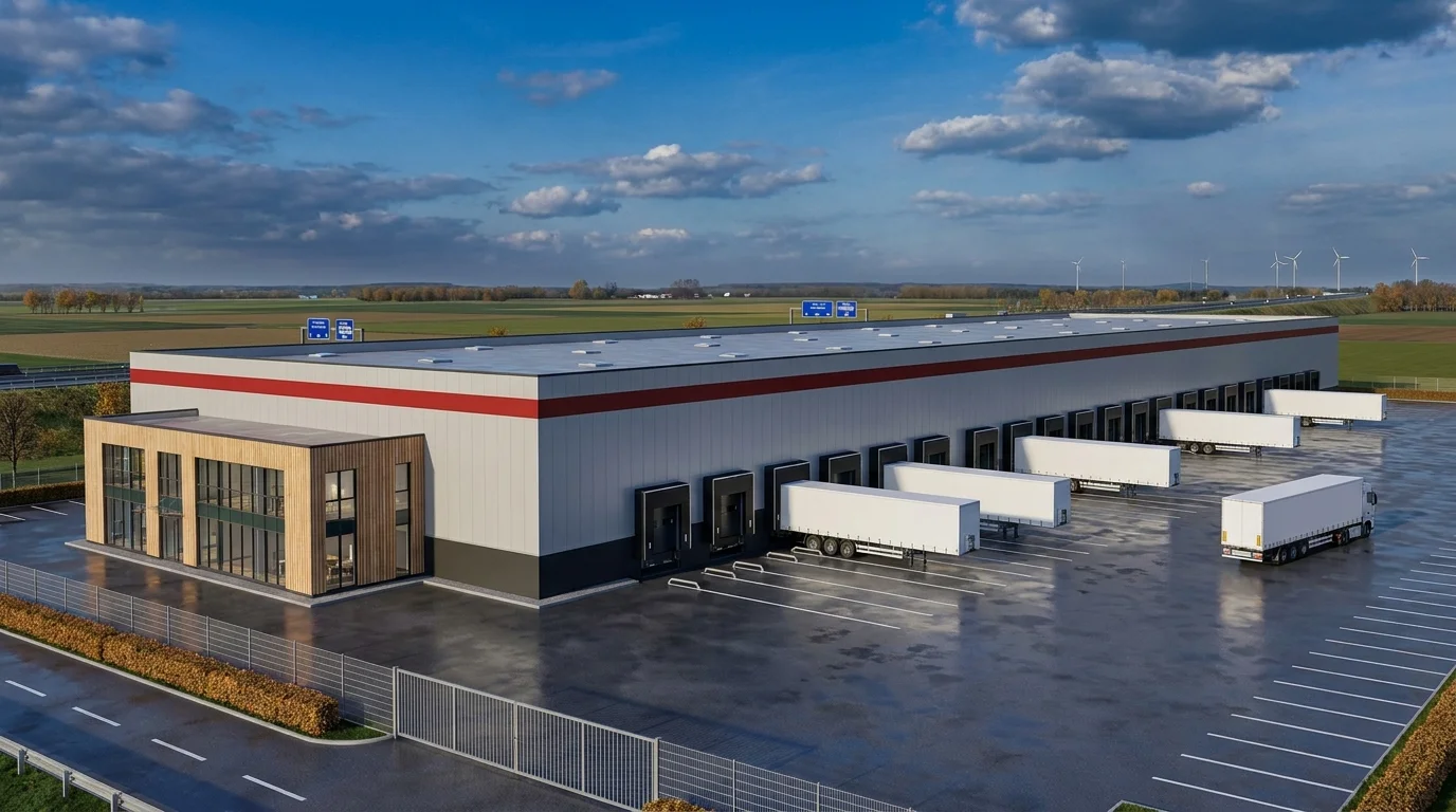 Konzept-3D-Modell für ein Distributionszentrum im A2 Korridor bei Hannover mit Hallenfront, Andocklinie und Ladehof