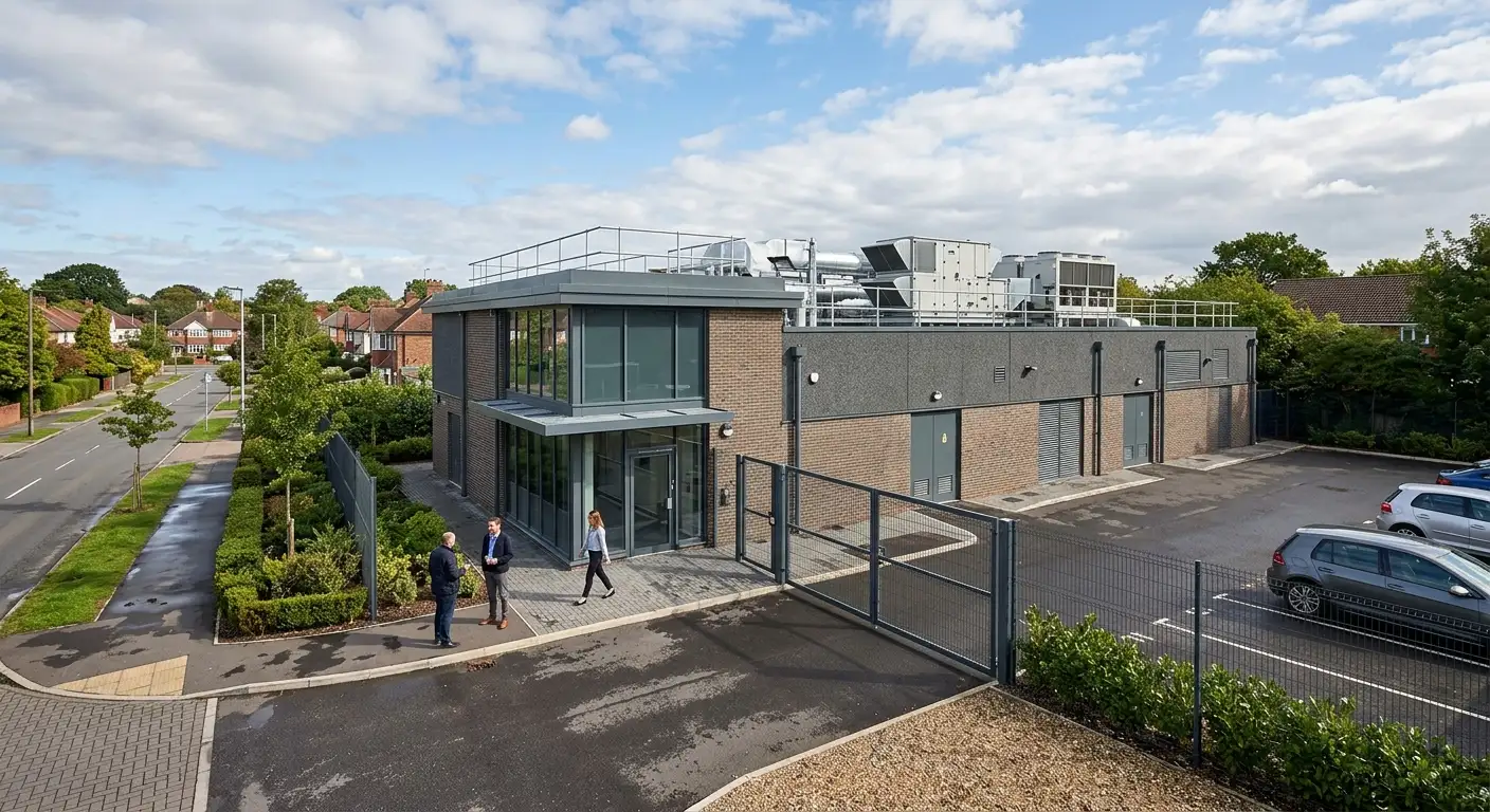 Edge-Rechenzentrum Visualisierung mit kompakter Baumasse, Sicherheitsperimeter und Kühltechnik