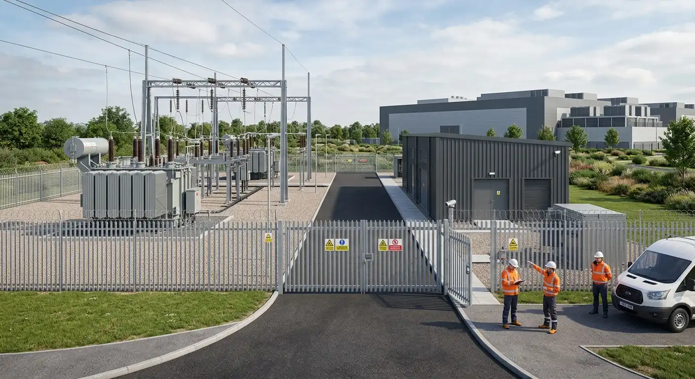 Umspannwerk Visualisierung mit Transformatorfeld, Schaltanlagengebäude und Sicherheitszaun