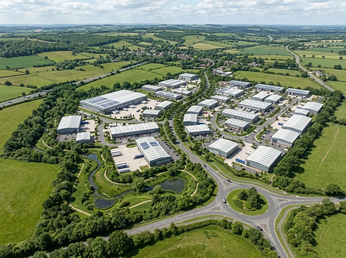 Gewerbeflächen Masterplan CGI einer britischen Gewerbefläche aus der Vogelperspektive