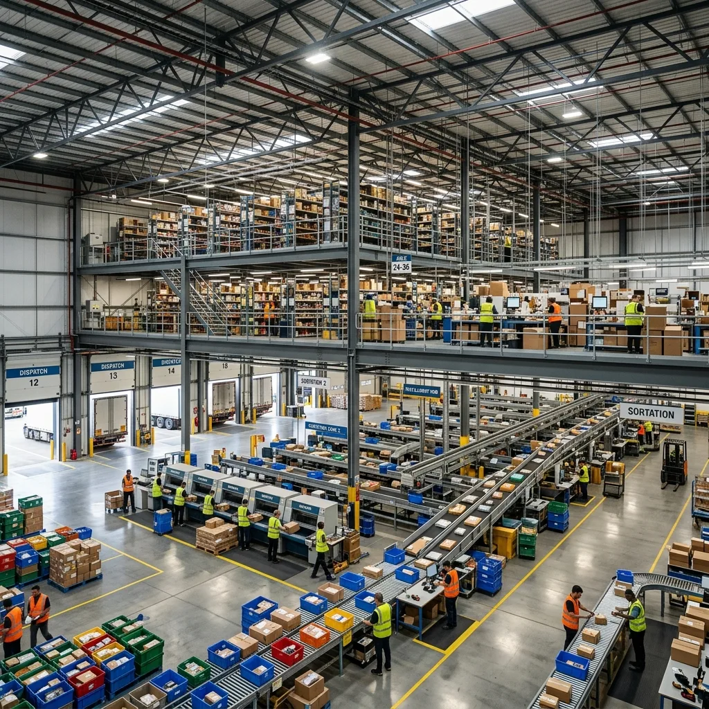 Fulfilment Hub Visualisierung mit Sortation, Mezzanine und Racking im Lagerhalleninneren