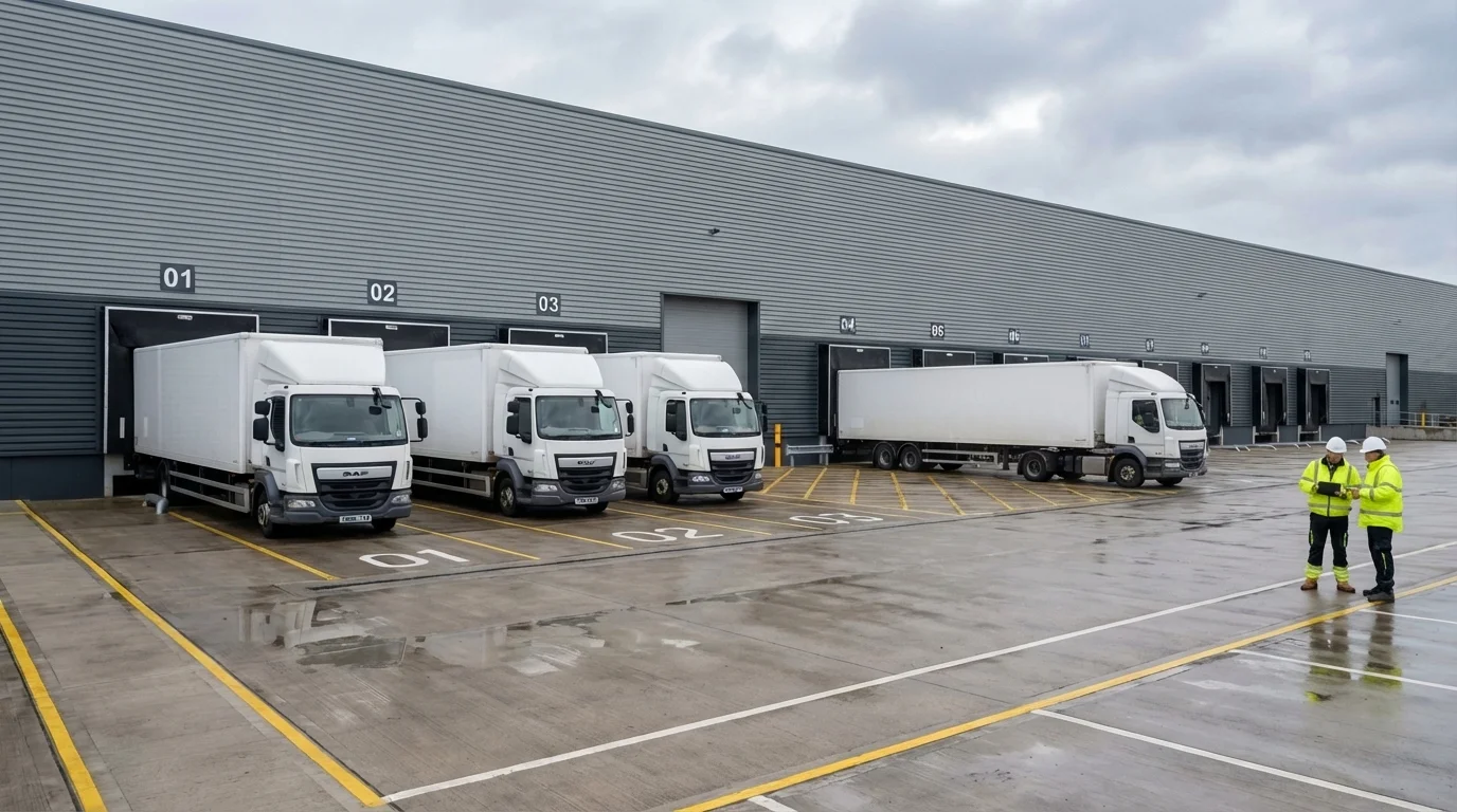 Service Yard CGI mit angedockten HGVs, Dock Levellers, Yard Markierung und Crash Barriers