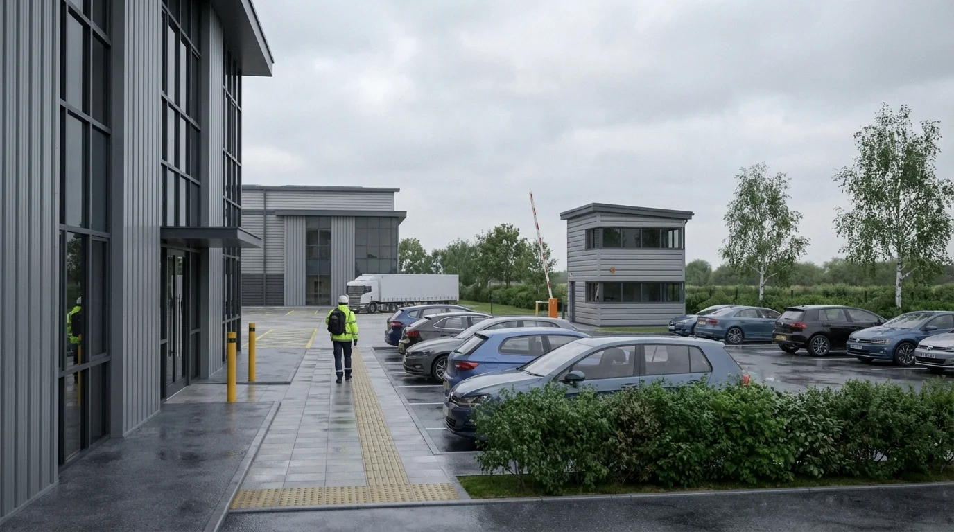 Fußgänger Eingang CGI eines Logistikparks mit Office Block, Gatehouse, staff parking und Landschaftspflanzung