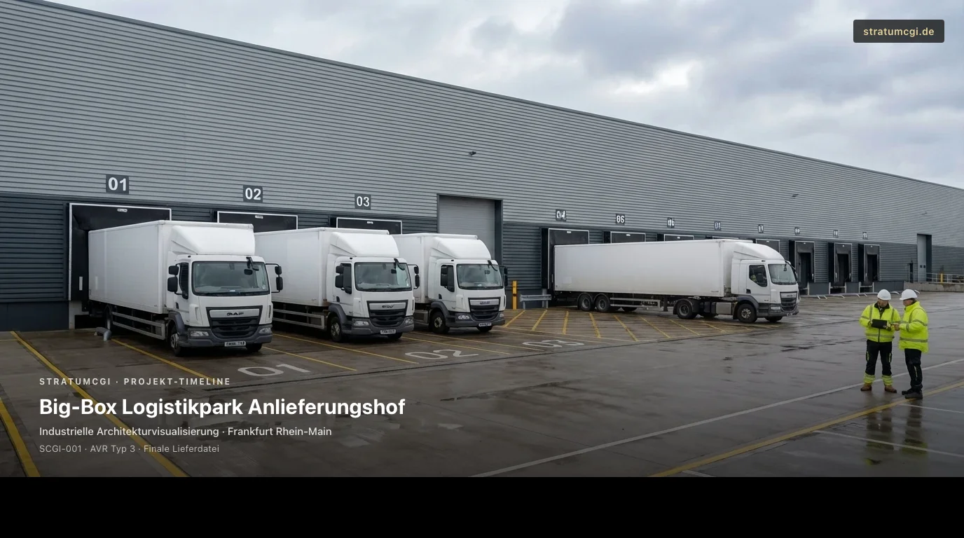 Big-Box Logistikpark Anlieferungshof mit Docklinie, LKW Bewegung und Bodenmarkierung als Timeline Bild