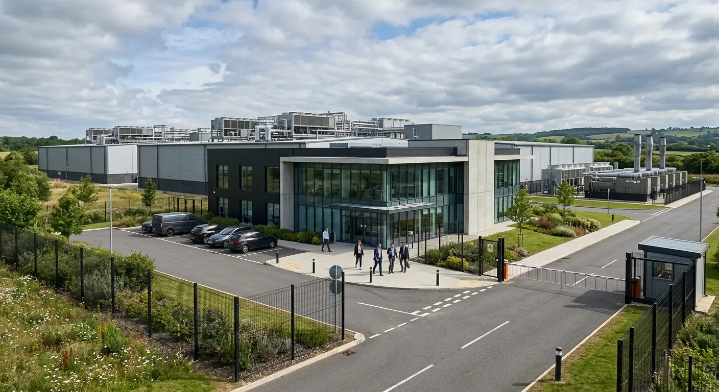 KI-Rechenzentrum Visualisierung mit Bürofront, Kühltechnik und Eingangssituation