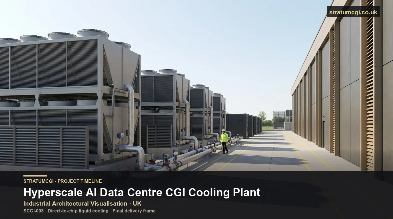 Hyperscale AI Rechenzentrum CGI Plant Yard mit Chiller Array, Generatorlinie und Umspannwerk als Timeline Bild