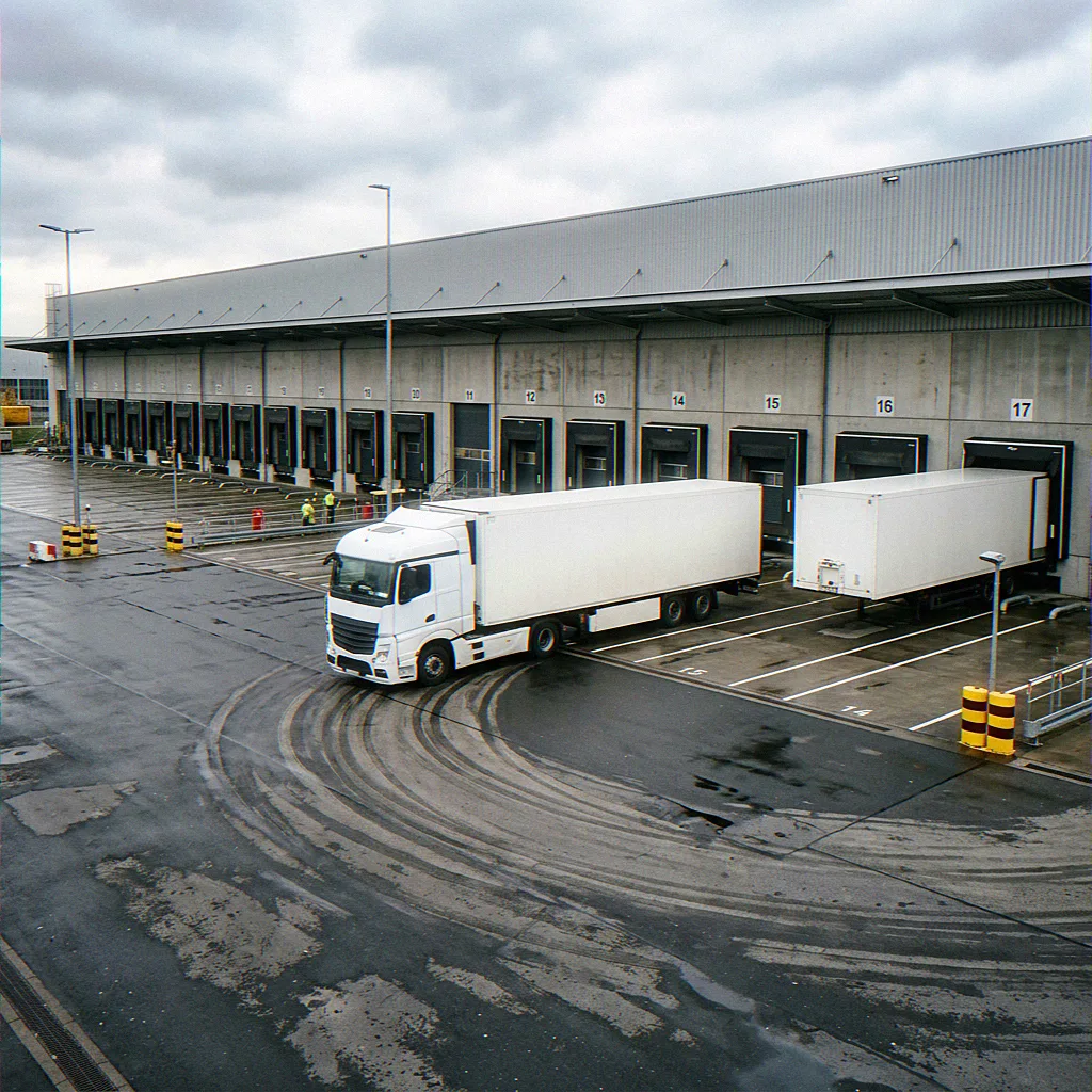 Lkw-Hof mit Sattelzug im Schleppkurven-Manöver an der Rampenlinie einer Logistikhalle