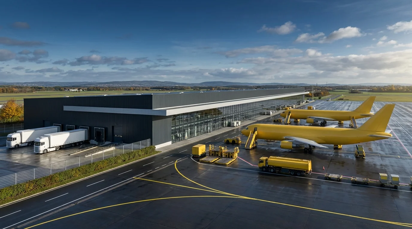 Konzept-Architekturvisualisierung für ein Luftfracht-Terminal im Köln-Bonn Frachtdrehkreuz mit Frachtbuchten, Vorfeldlogistik und Terminalfassade