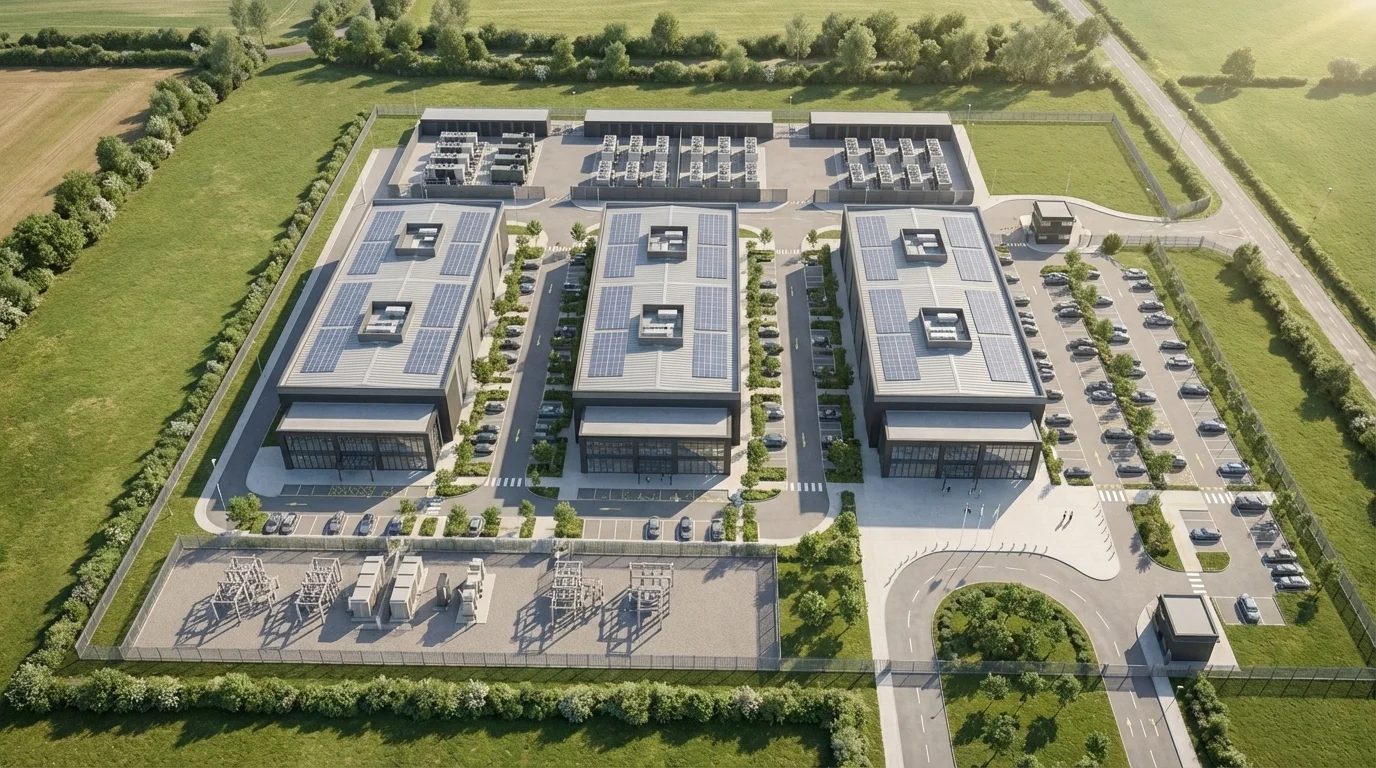 Masterplan CGI eines Hyperscale Rechenzentrums mit Datenhalle, Plant Yard, Umspannwerk, Parken und Landschaftsbund