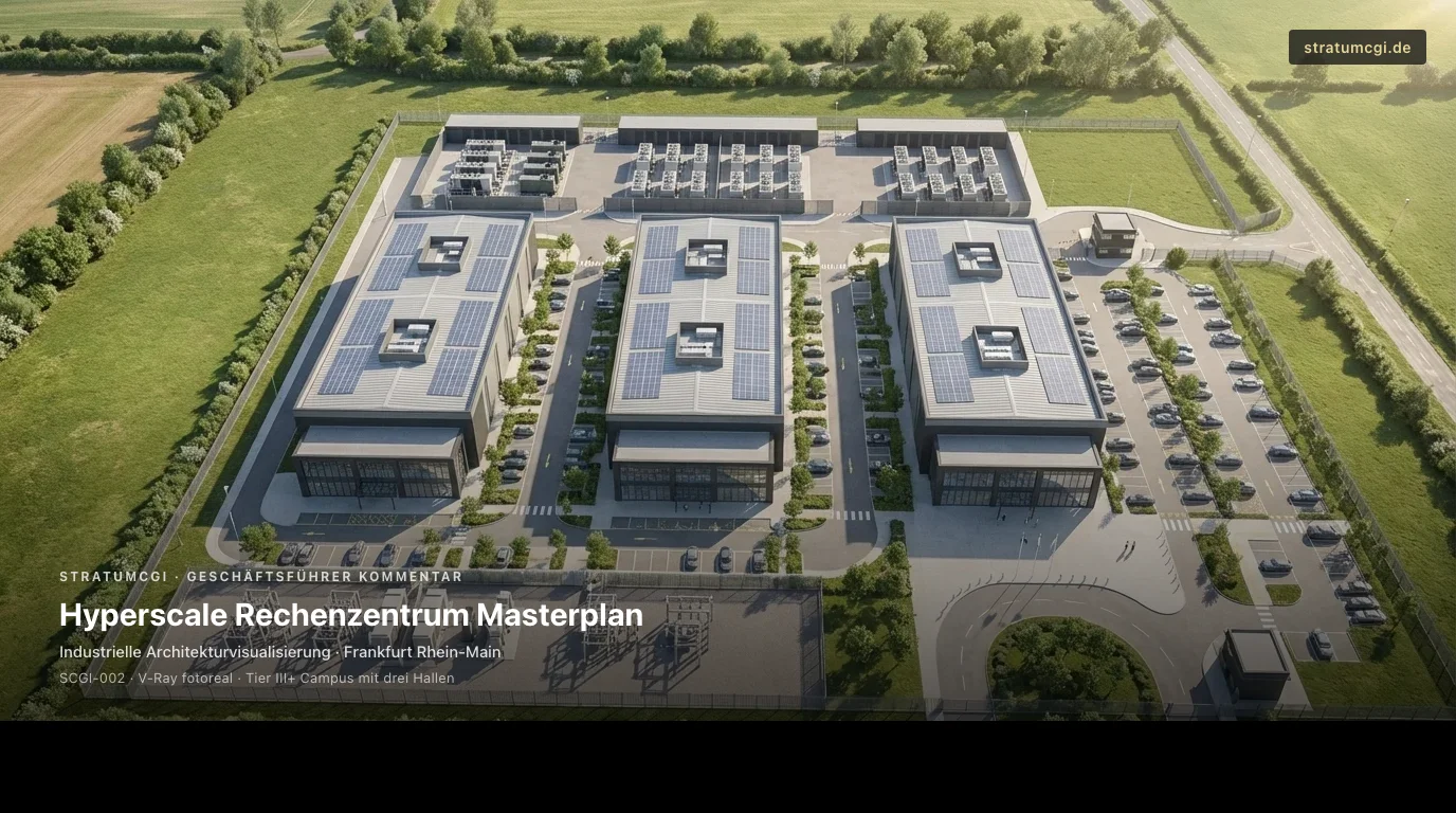 Director Commentary Bild für ein Hyperscale Rechenzentrum mit Masterplan, Plant Yard und technischer Infrastruktur