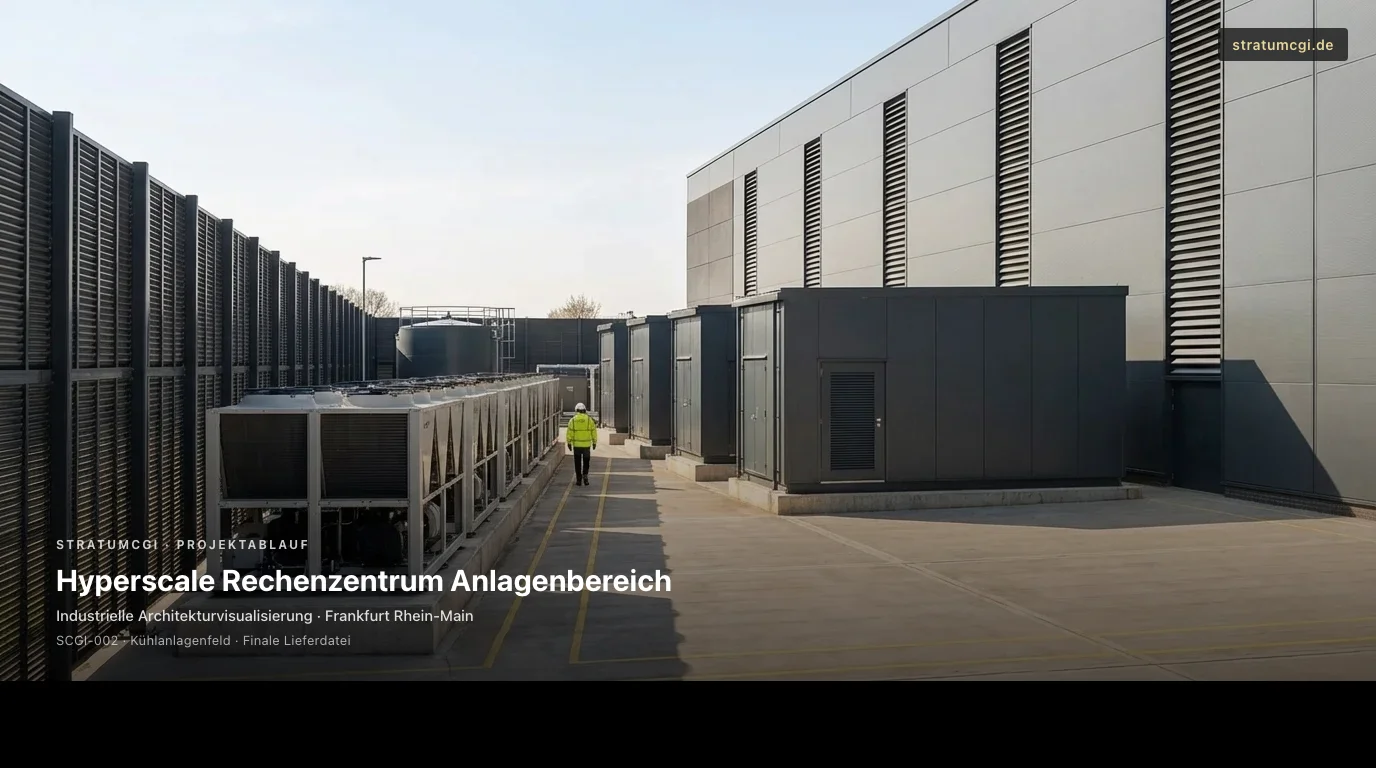 Hyperscale Rechenzentrum CGI Plant Yard mit Chiller Array, Generatorlinie und Umspannwerk als Timeline Bild
