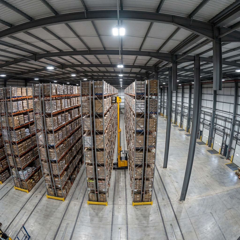 Hochregallager Visualisierung im Distributionszentrum mit VNA-Gängen, Palettenracking und MHE