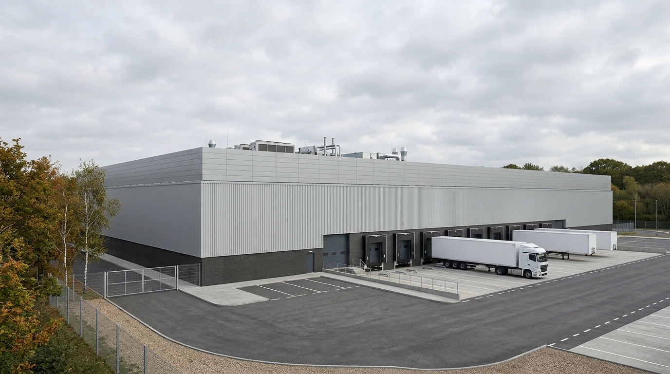 Technikabschirmung CGI mit Dachtechnikzone hinter akustischer Metallabschirmung eines Kühllagers