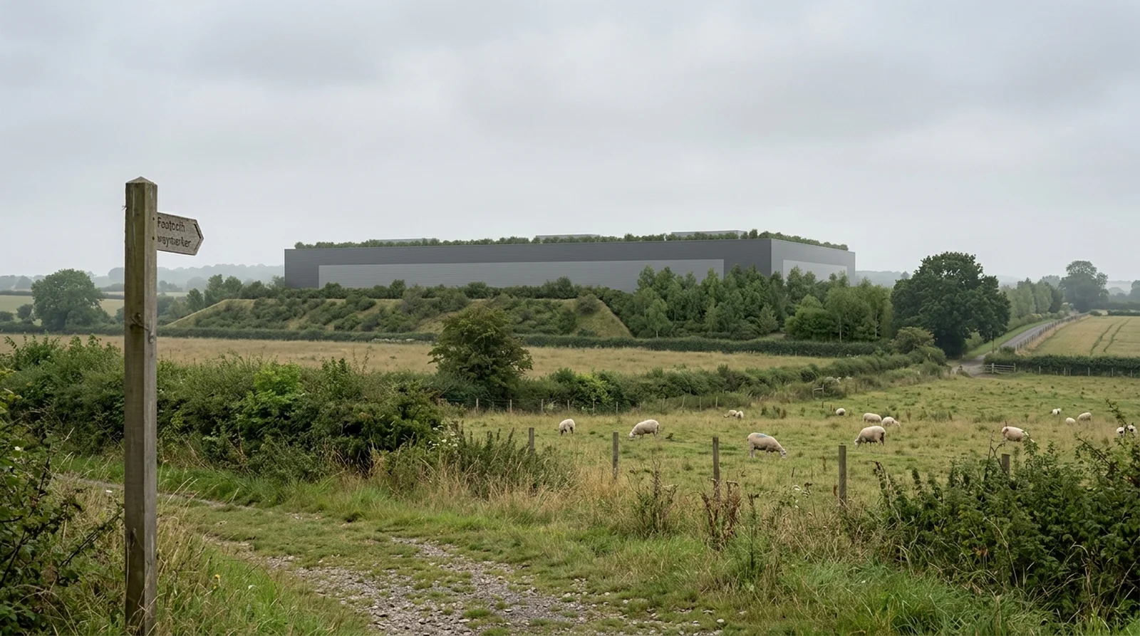 Planungsbild CGI eines anonymisierten Kühllagers aus öffentlichem Blickpunkt mit Landschaftspuffer und Technikschirm